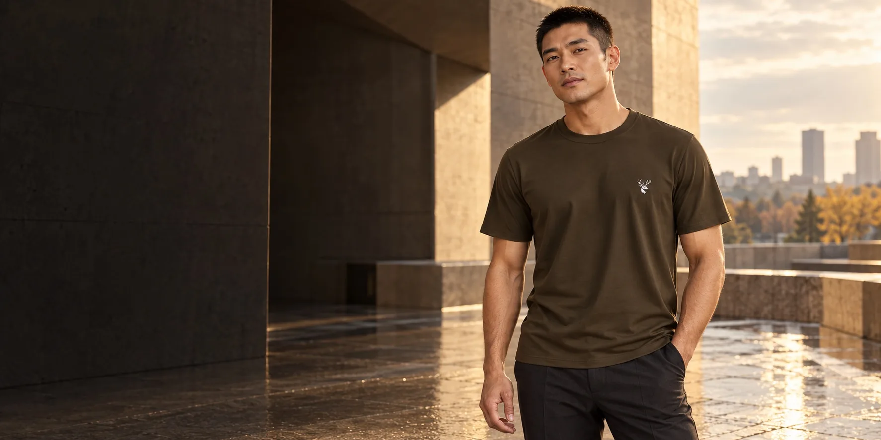 New campaign model wearing the RKsignature Rich Brown Signature T-shirt with white stag chest emblem