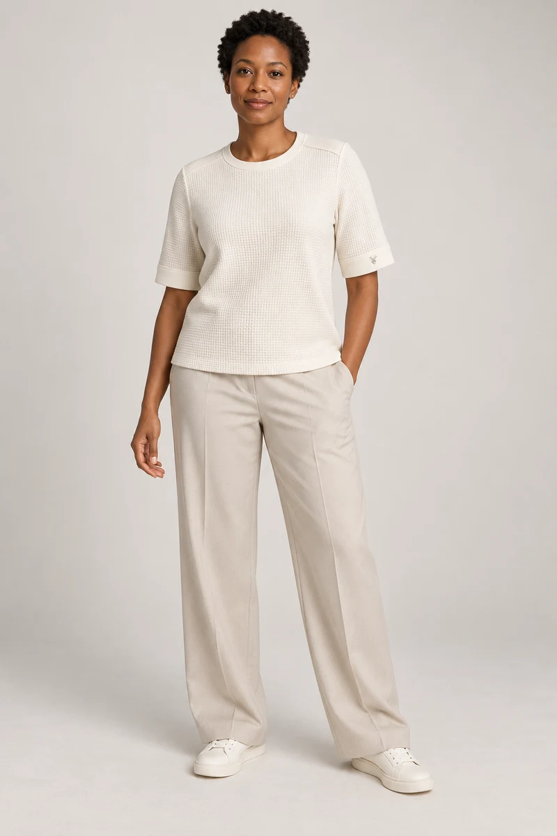 Mora Textured Elbow Tee in Off-white, front view