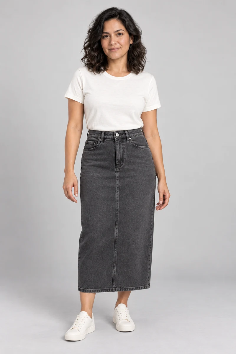 Crescent Seam Denim Skirt in Washed Black, front view