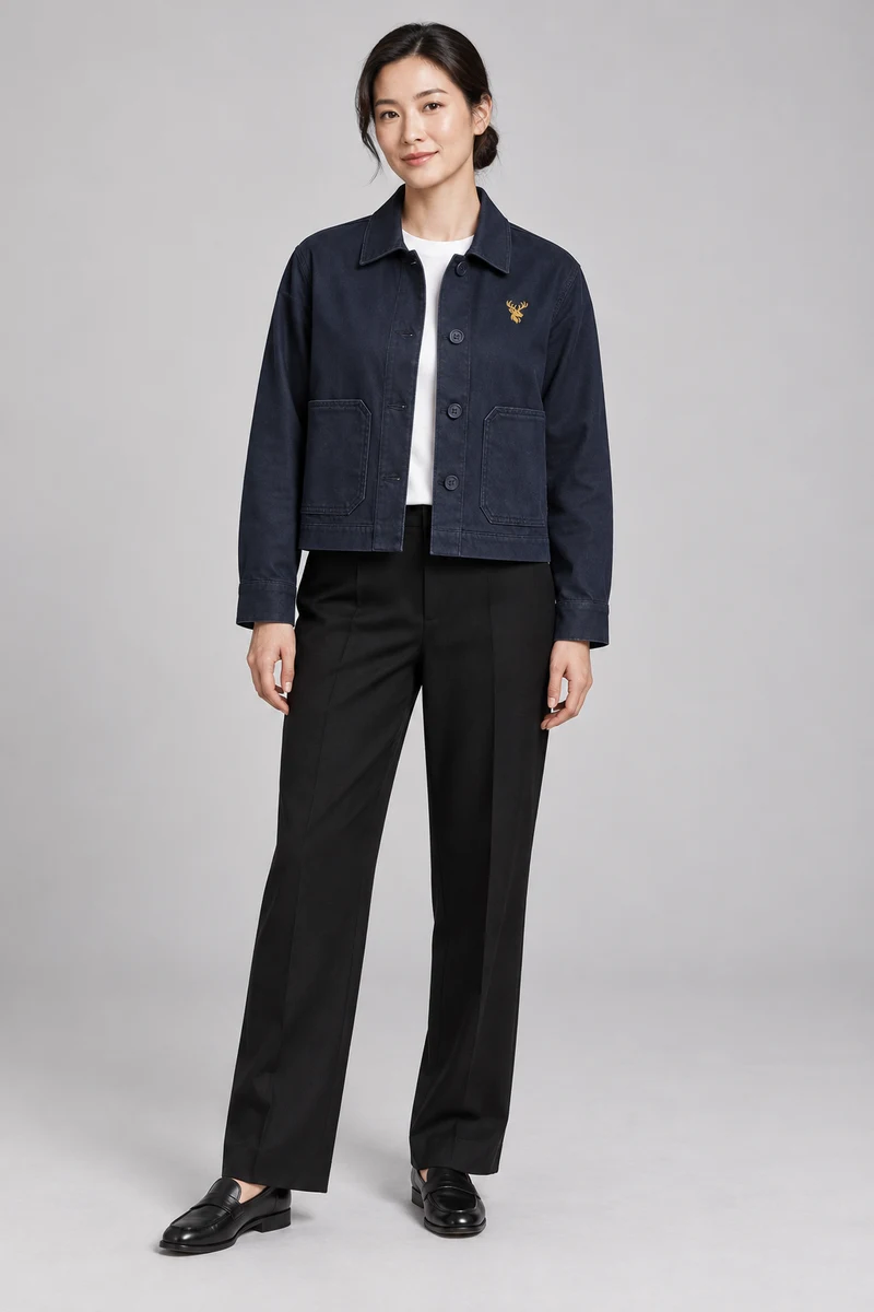 INTERVAL / 01 Women's Ledger Cropped Overshirt Jacket in Ink Navy, front view