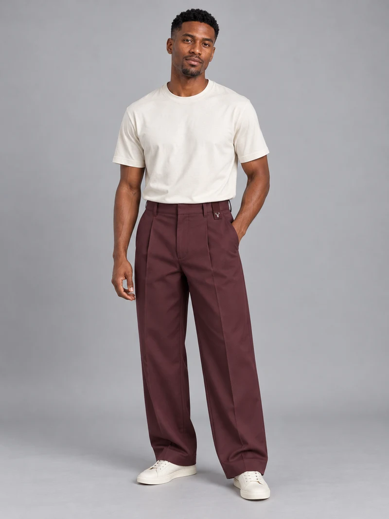 CITY SIGNAL Men's Platform Wide Pleat Trousers in Oxblood, view 1