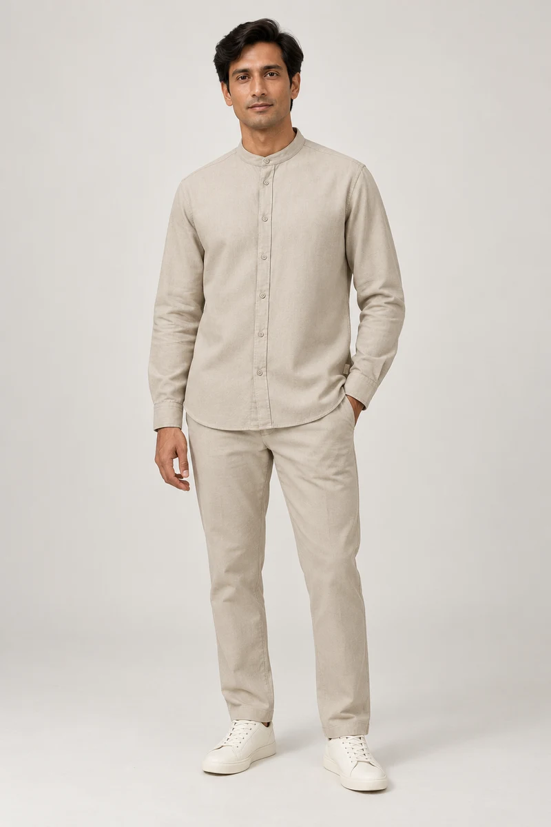 Vellum Band-Collar Shirt in Stone, front view