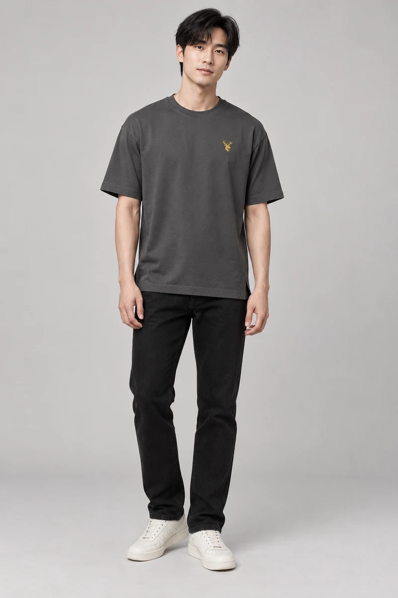 INTERVAL / 01 Unisex Span Relaxed Tee in Charcoal, front view