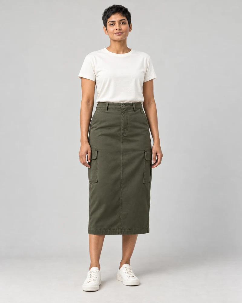CITY SIGNAL Women's Transit Utility Midi Skirt in Dark Olive, view 1