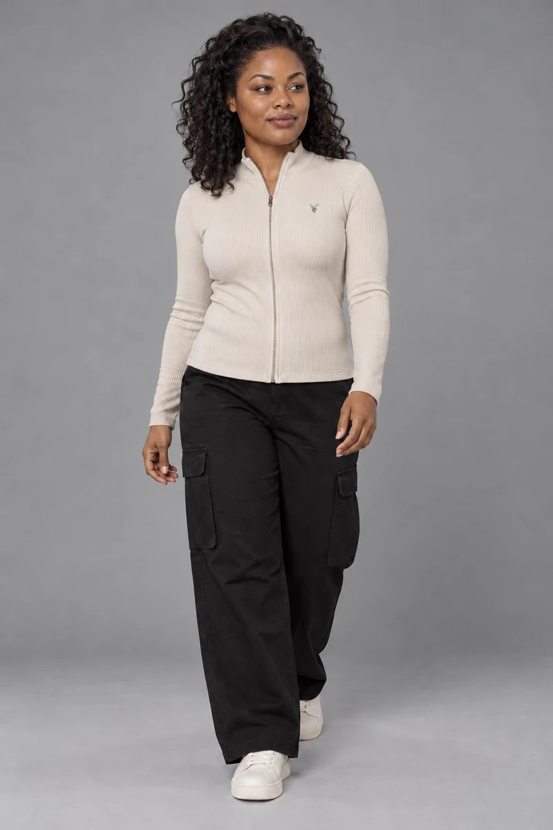 CITY SIGNAL Women's Signal Rib Zip Top in Bone, view 1