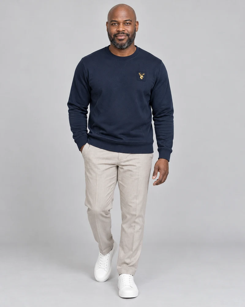 Gold Edition Men's Crest Panelled Crewneck in Midnight Navy, front view