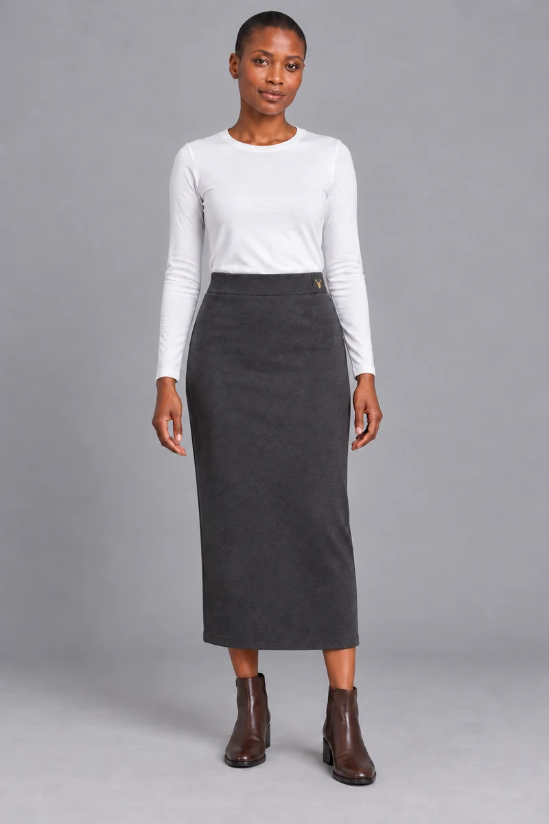 STILL Women's Soft Column Knit Skirt in Charcoal, view 1
