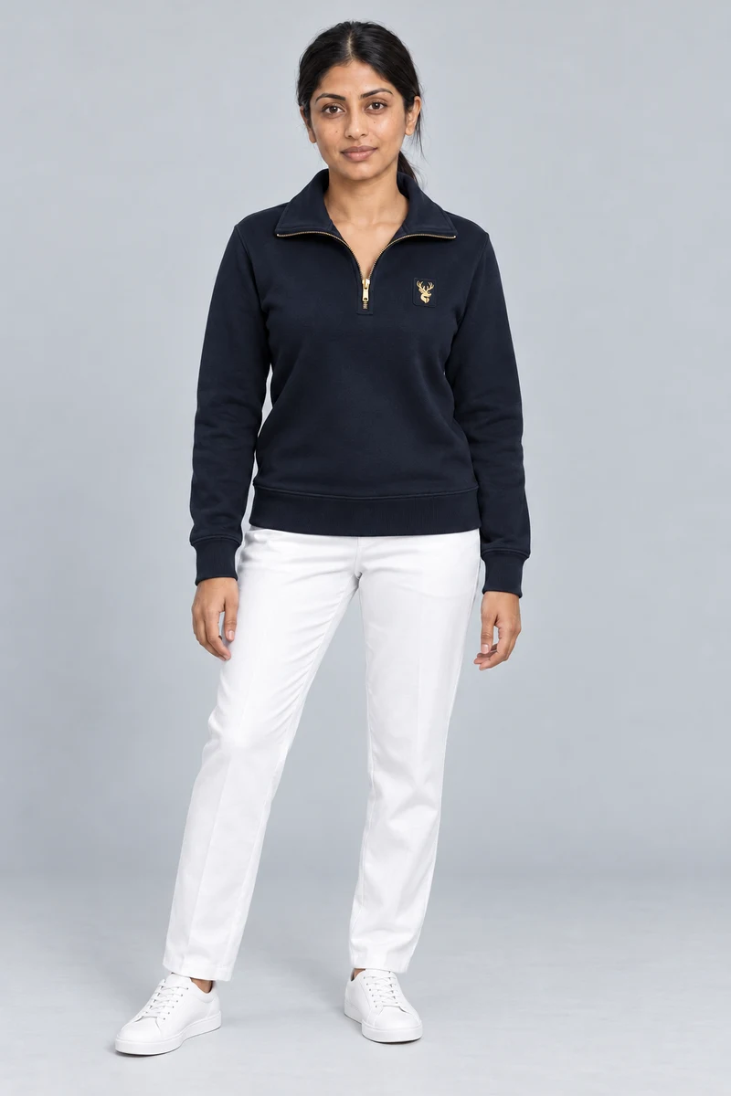 Gold Edition Women's Portrait Fold-Collar Half-Zip in Midnight Navy, front view
