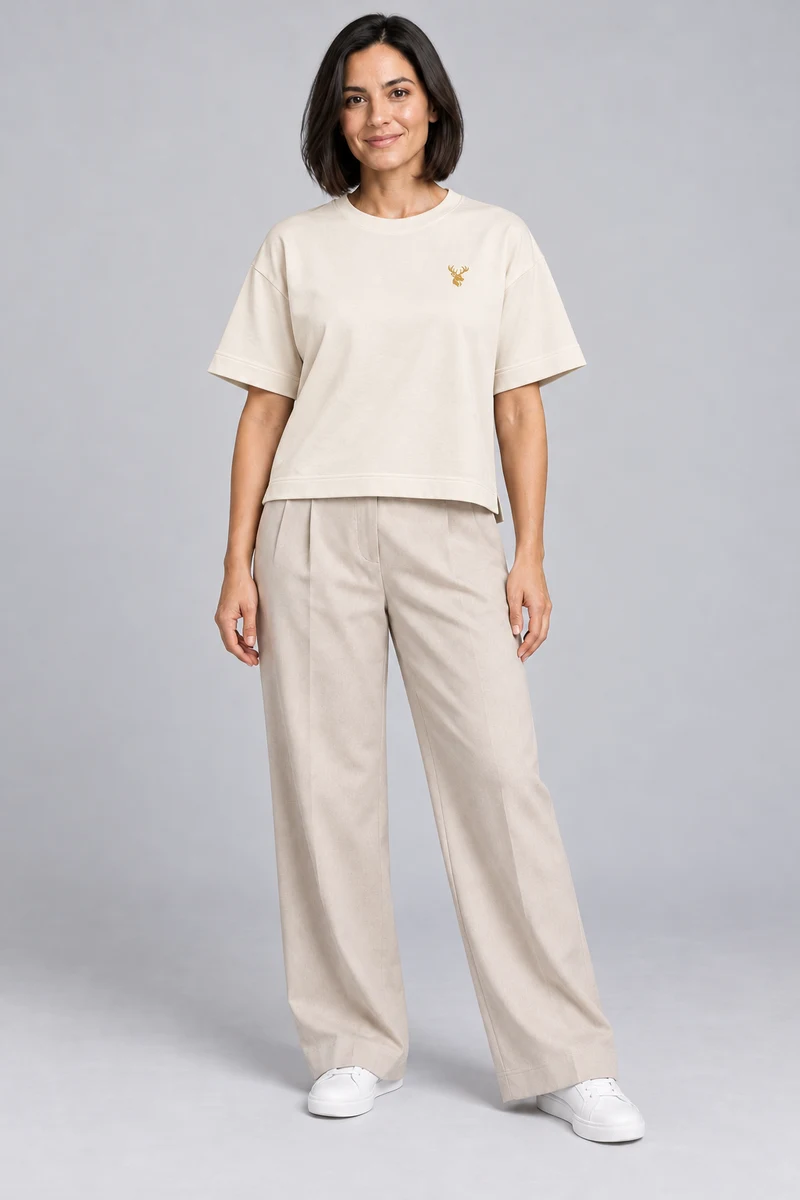 INTERVAL / 01 Women's Fold Box Tee in Cream, front view