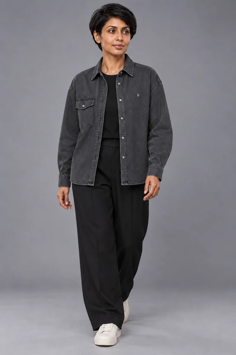 CITY SIGNAL Women's Crossline Denim Shirt in Washed Charcoal, view 1