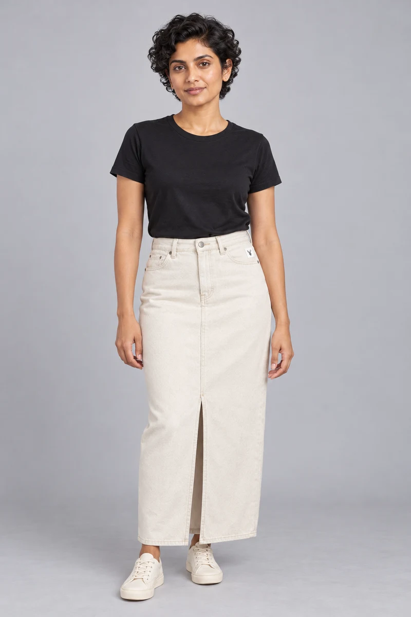 CITY SIGNAL Women's Crossline Denim Maxi Skirt in Ecru, view 1