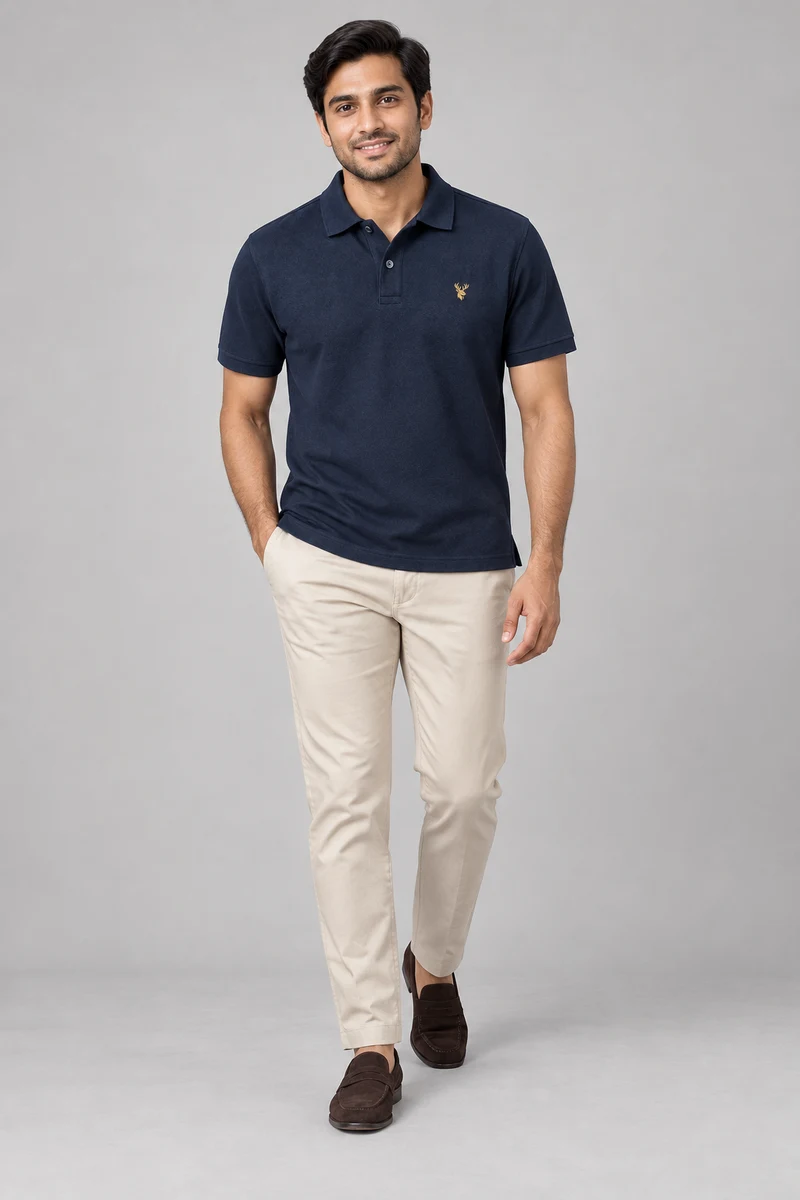 INTERVAL / 01 Men's Notch Piqué Polo Shirt in Ink Navy, front view