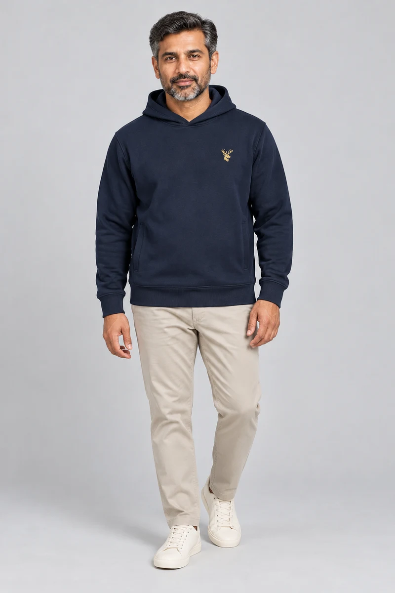 INTERVAL / 01 Unisex Shelter Hooded Sweatshirt in Ink Navy, front view