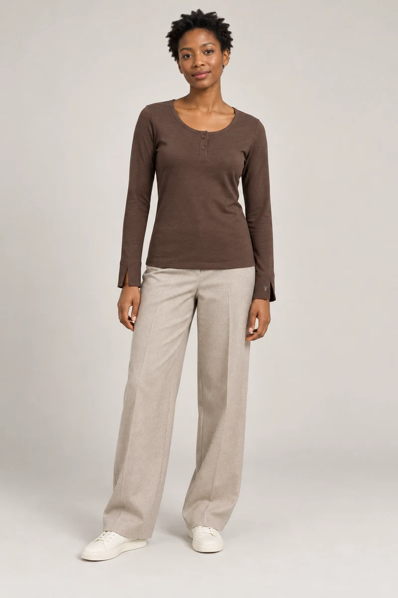 Serein Split-Cuff Henley in Espresso, front view