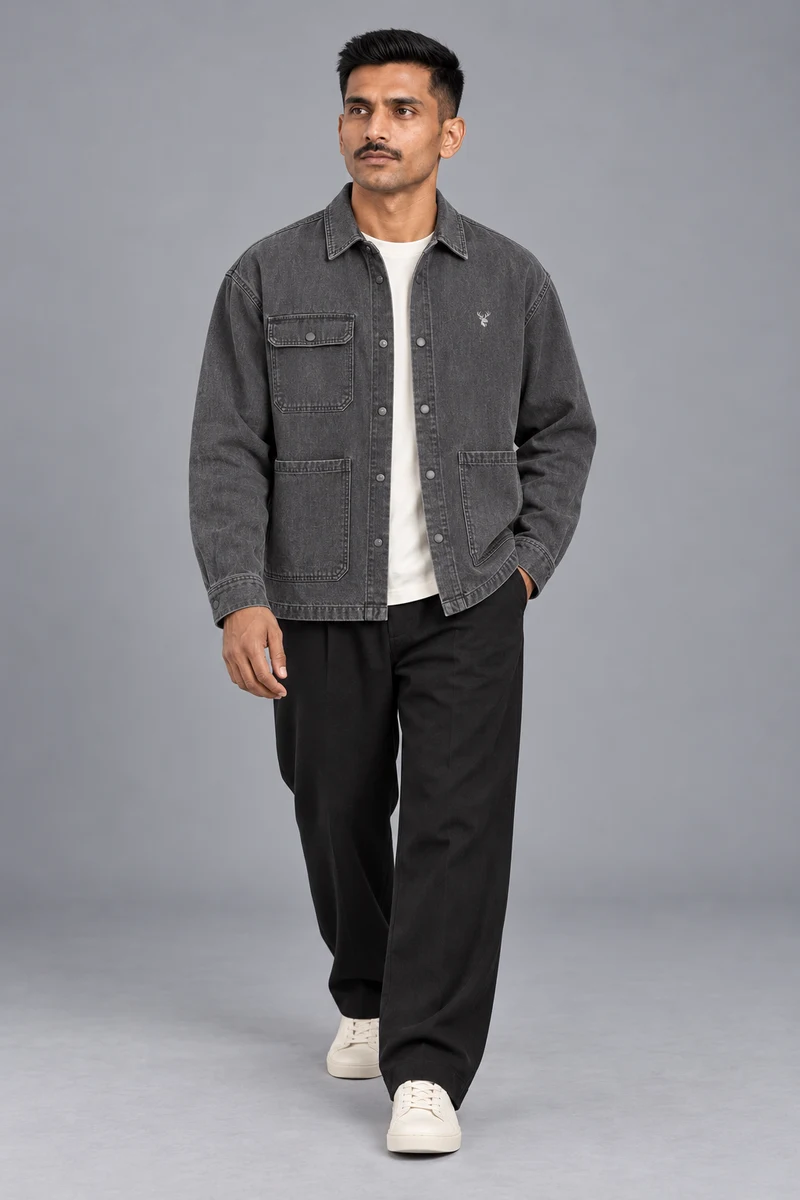 CITY SIGNAL Men's Crossline Denim Overshirt in Washed Charcoal, view 1