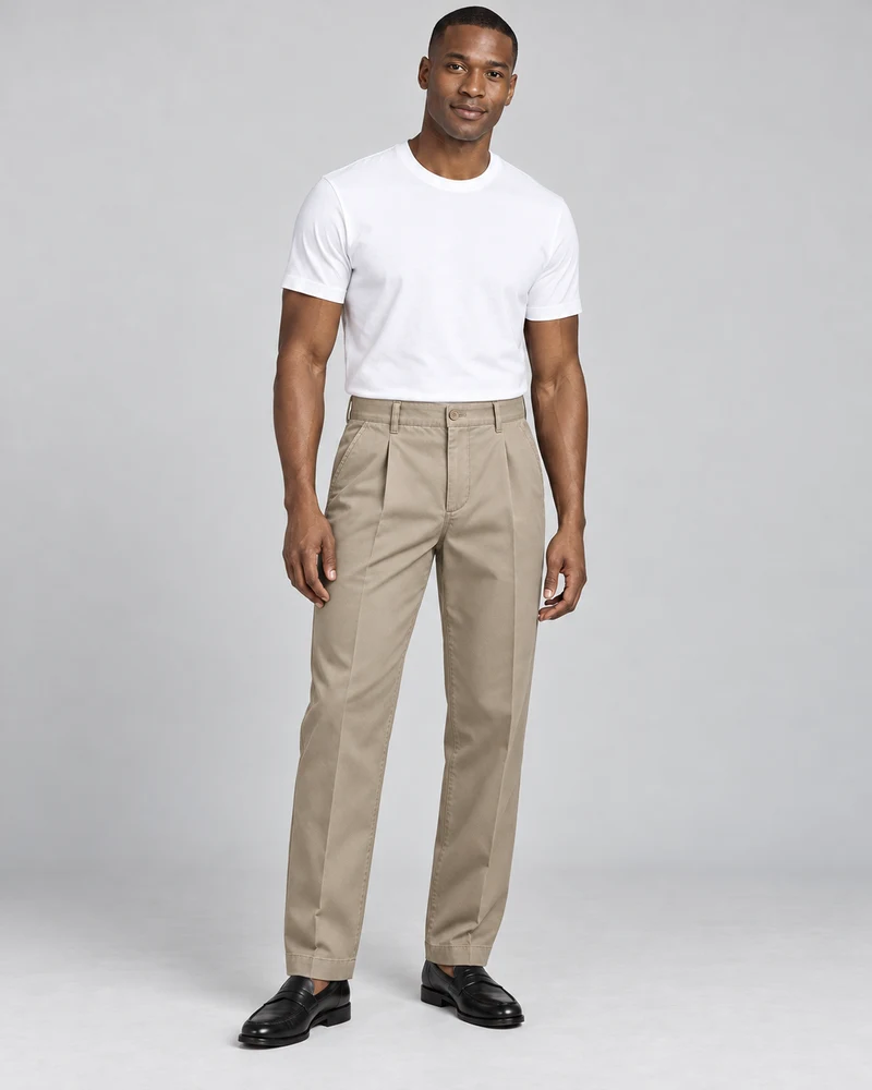 INTERVAL / 01 Men's Ledger Pleated Trouser in Stone, front view