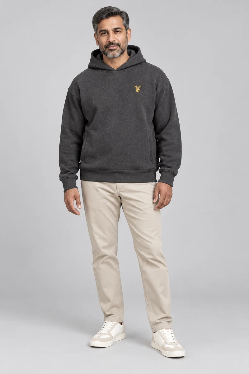 INTERVAL / 01 Unisex Shelter Hooded Sweatshirt in Charcoal, front view