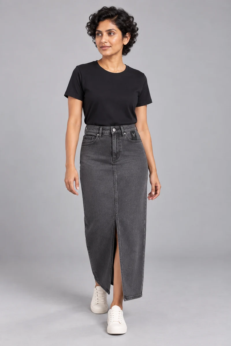 CITY SIGNAL Women's Crossline Denim Maxi Skirt in Washed Charcoal, view 1