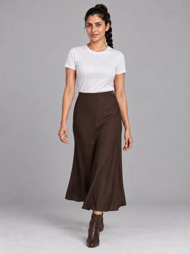 STILL Women's Evening Bias Midi Skirt in Espresso, view 1