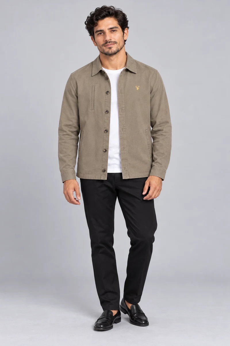 INTERVAL / 01 Men's Ledger Twill Overshirt in Stone, front view