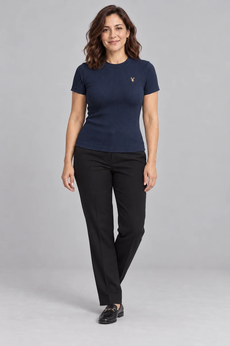 INTERVAL / 01 Women's Line Rib Tee in Ink Navy, front view