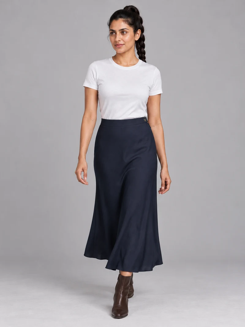 STILL Women's Evening Bias Midi Skirt in Ink Navy, view 1