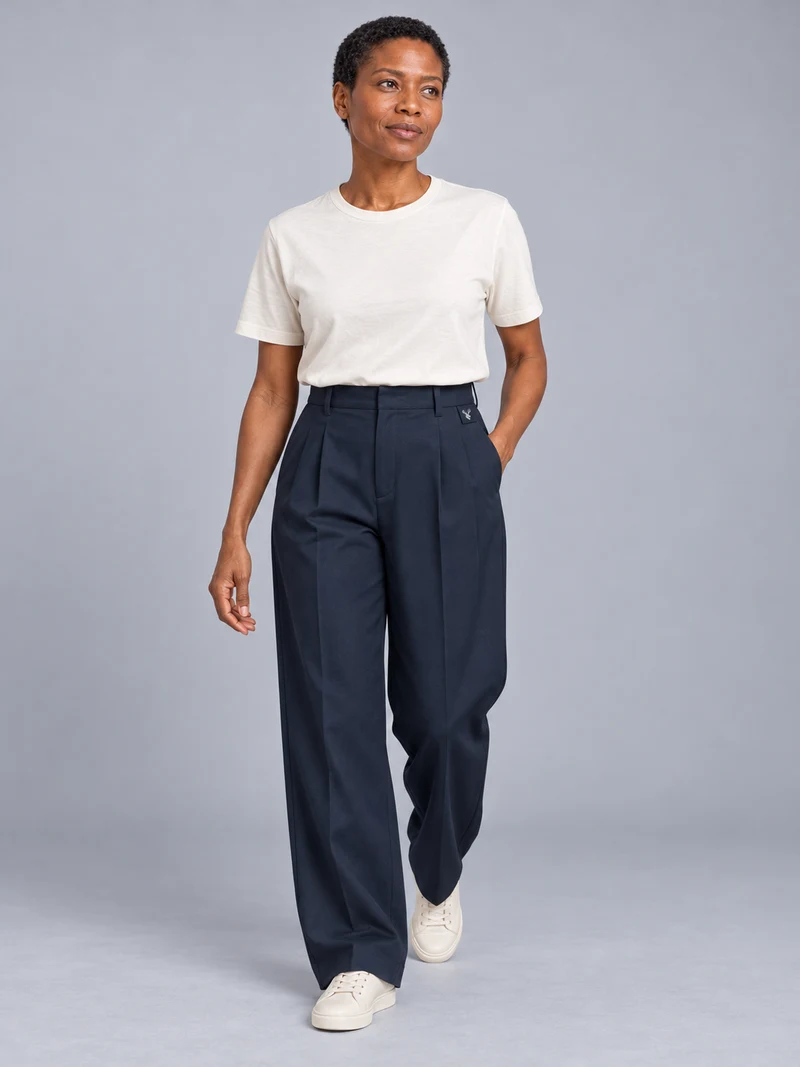 CITY SIGNAL Women's Platform Wide Pleat Trousers in Ink Navy, view 1