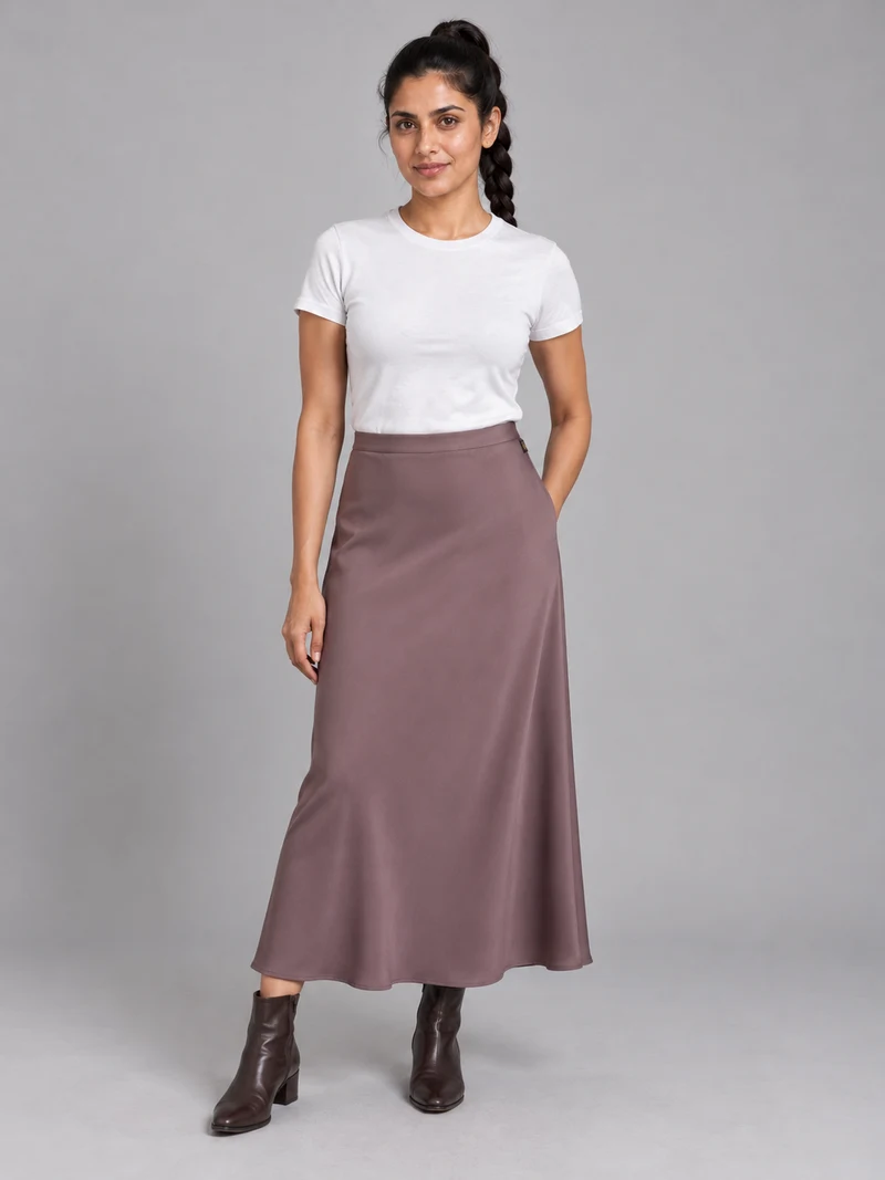 STILL Women's Evening Bias Midi Skirt in Dusty Plum, view 1