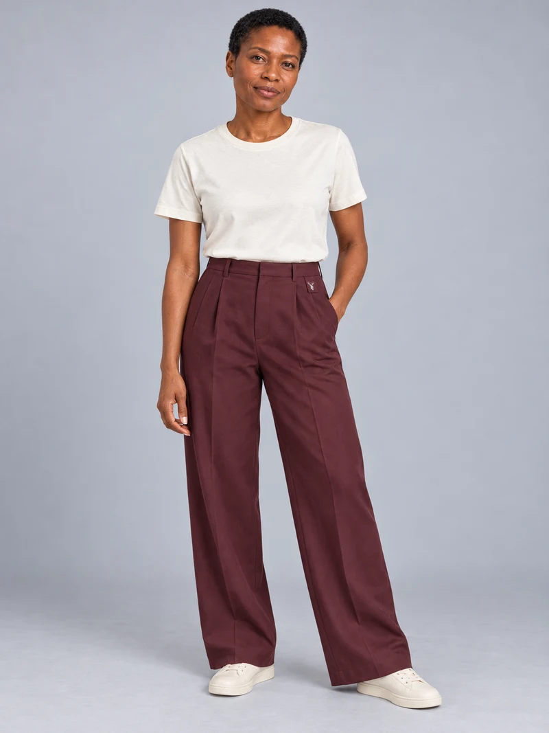 CITY SIGNAL Women's Platform Wide Pleat Trousers in Oxblood, view 1