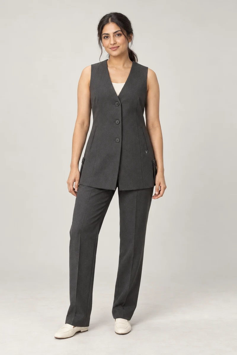 Atrium Longline Vest in Charcoal, front view