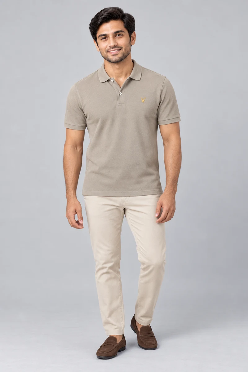 INTERVAL / 01 Men's Notch Piqué Polo Shirt in Stone, front view