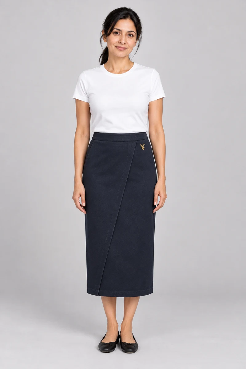 INTERVAL / 01 Women's Ledger Column Skirt in Ink Navy, front view