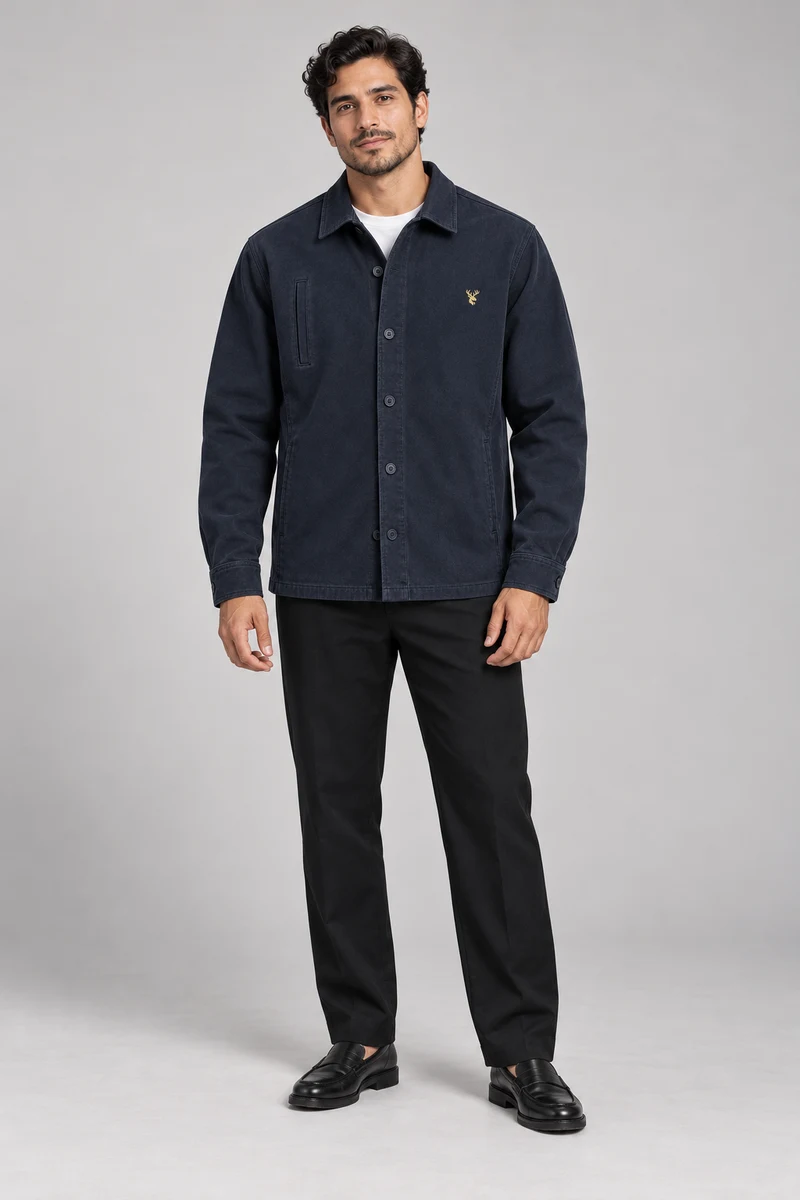 INTERVAL / 01 Men's Ledger Twill Overshirt in Ink Navy, front view
