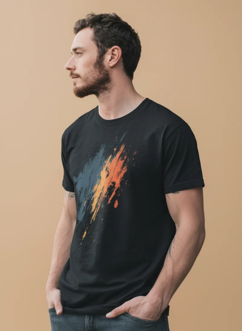 Abstract Eclat Graphic Tee in Deep Black / Azure Haze / Molten Gold / Sunset Orange / Black, front view