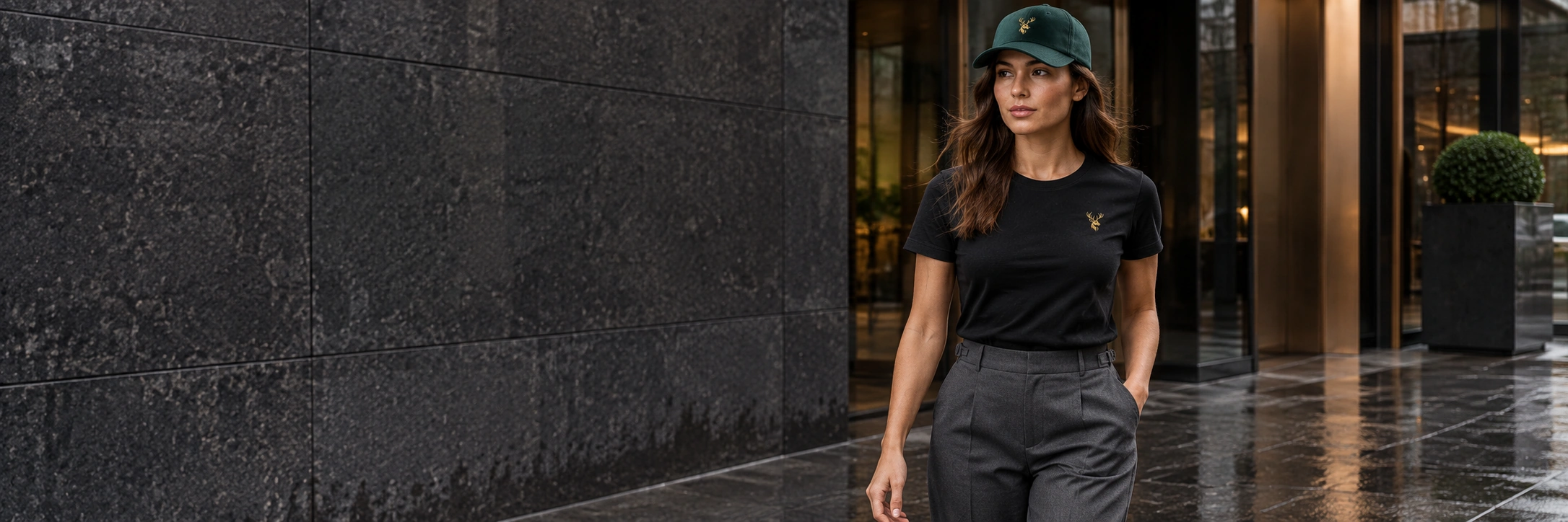 Model wearing the black FORM Contour Tee, Deep Forest cap and charcoal Paloma trousers