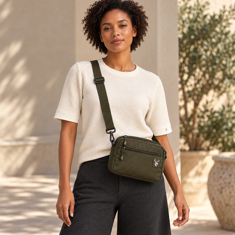 Arc Crossbody — Dark Olive, On-model view