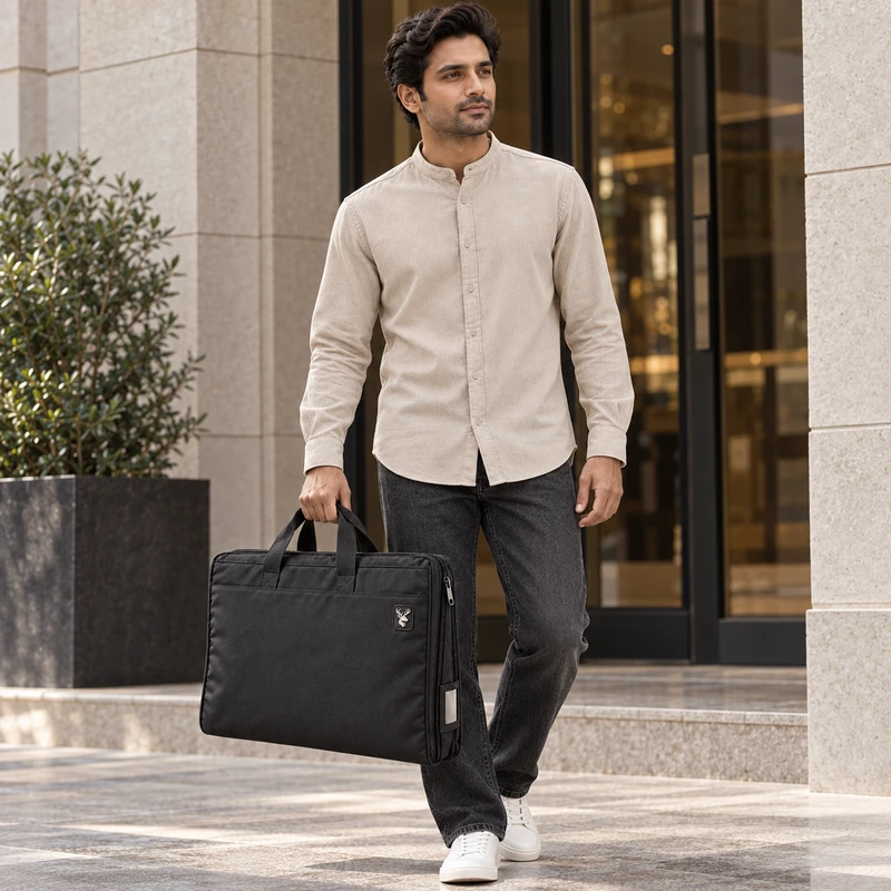 Passage Foldable Garment Carrier — Charcoal, On-model view