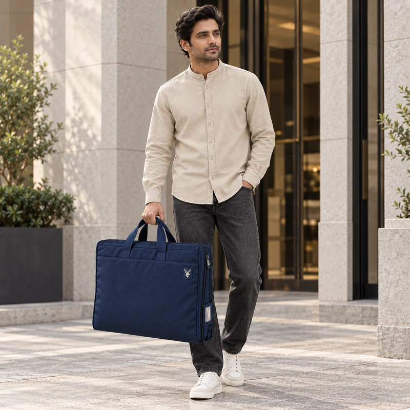 Passage Foldable Garment Carrier — Midnight Navy, On-model view