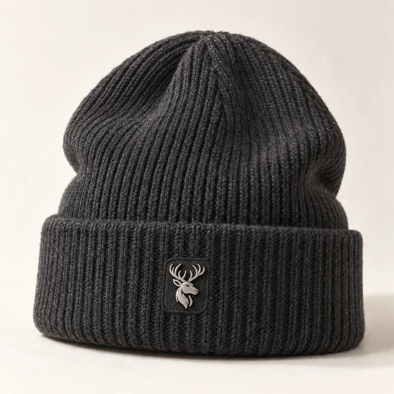 Ridge Rib Beanie — Charcoal, Front view