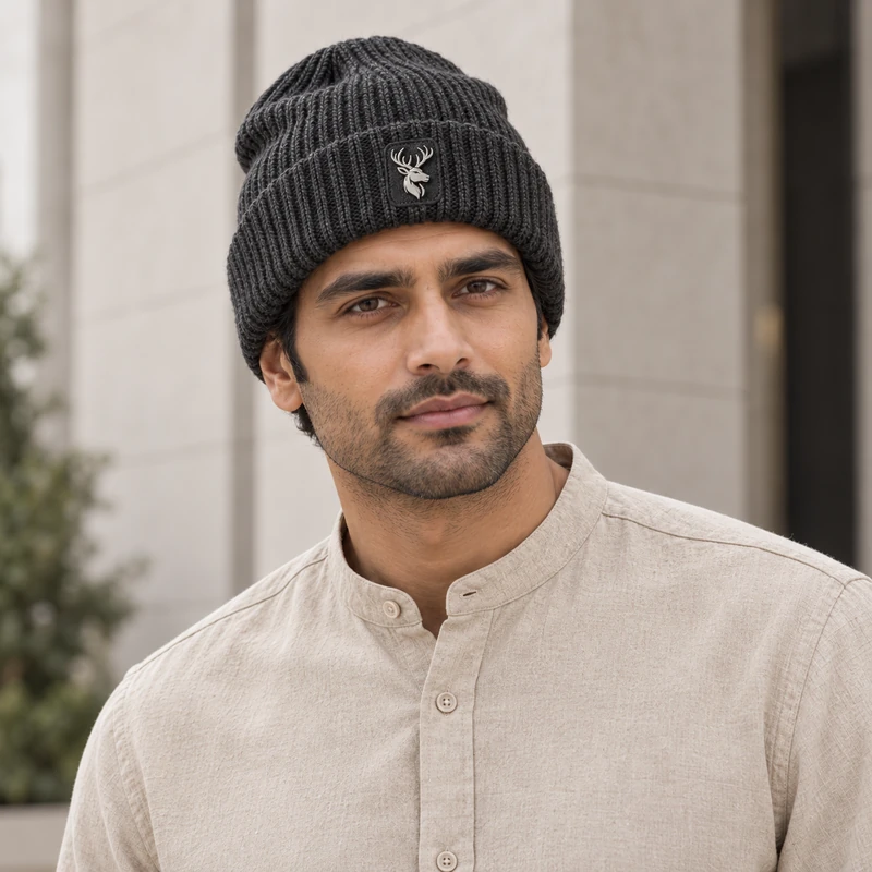 Ridge Rib Beanie — Charcoal, On-model view