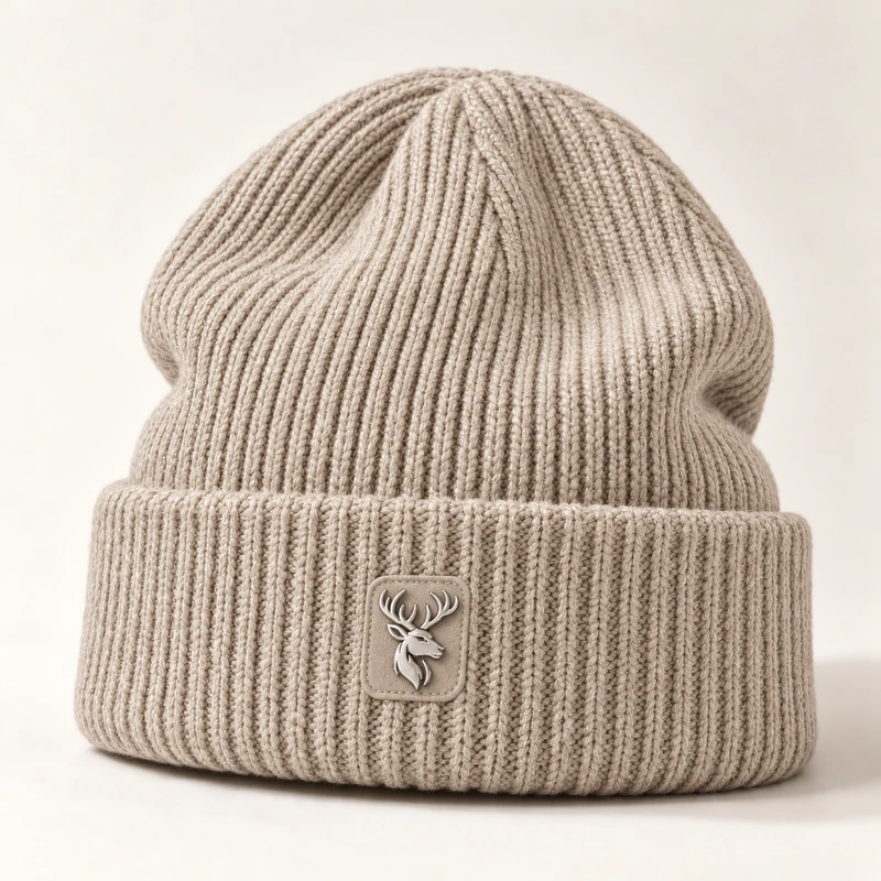 Ridge Rib Beanie — Stone in Stone, front view