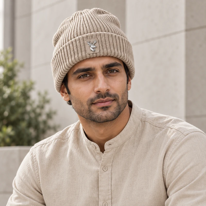 Ridge Rib Beanie — Stone, On-model view