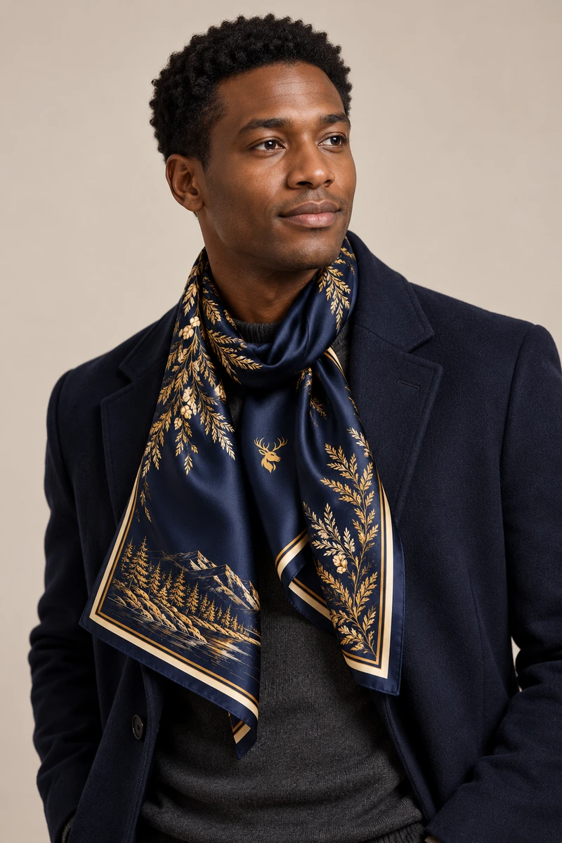 Nocturne Cedar Scarf 90 in Midnight Navy, on-model view