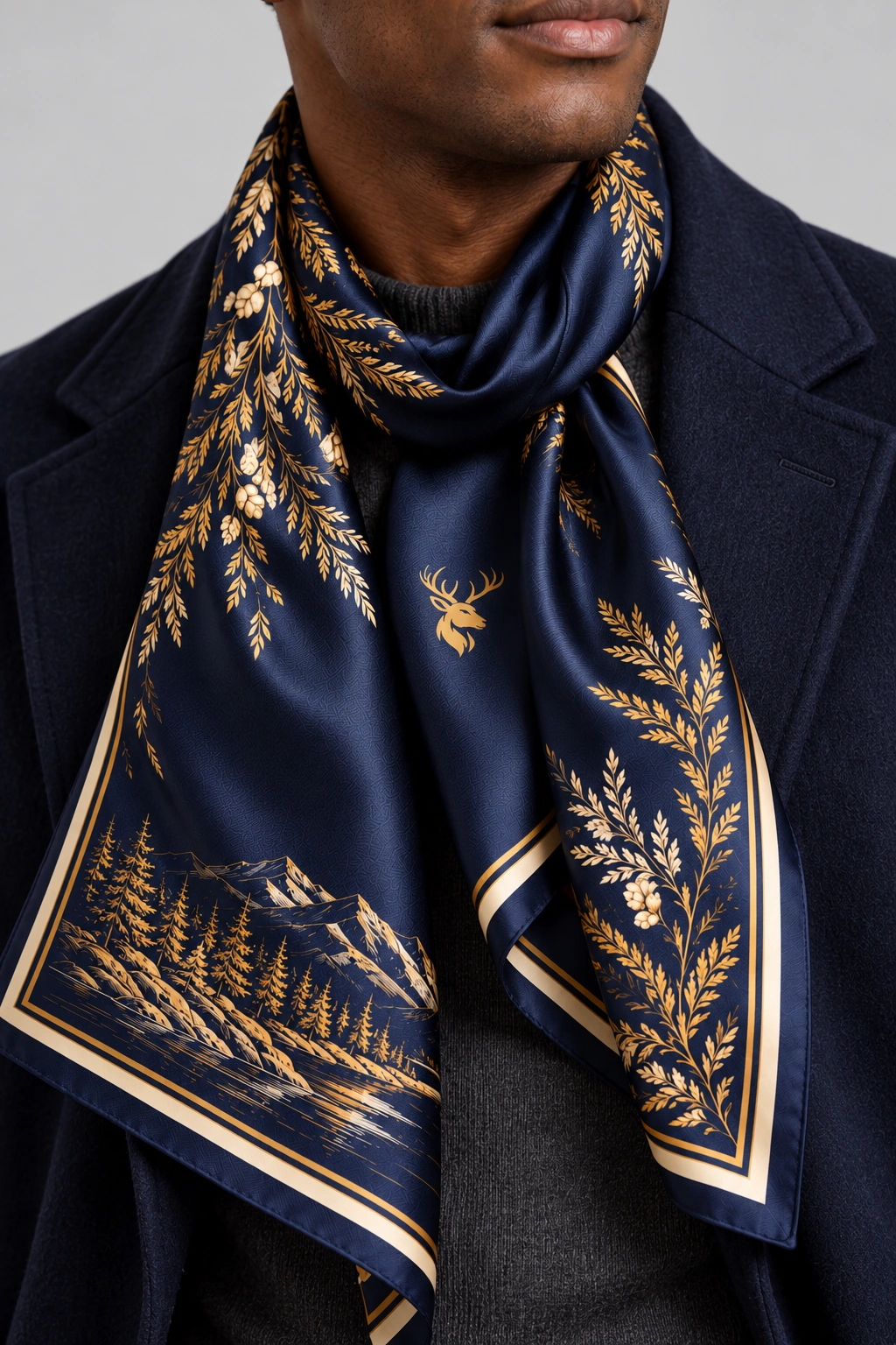 Nocturne Cedar Scarf 90, Worn fabric & logo detail