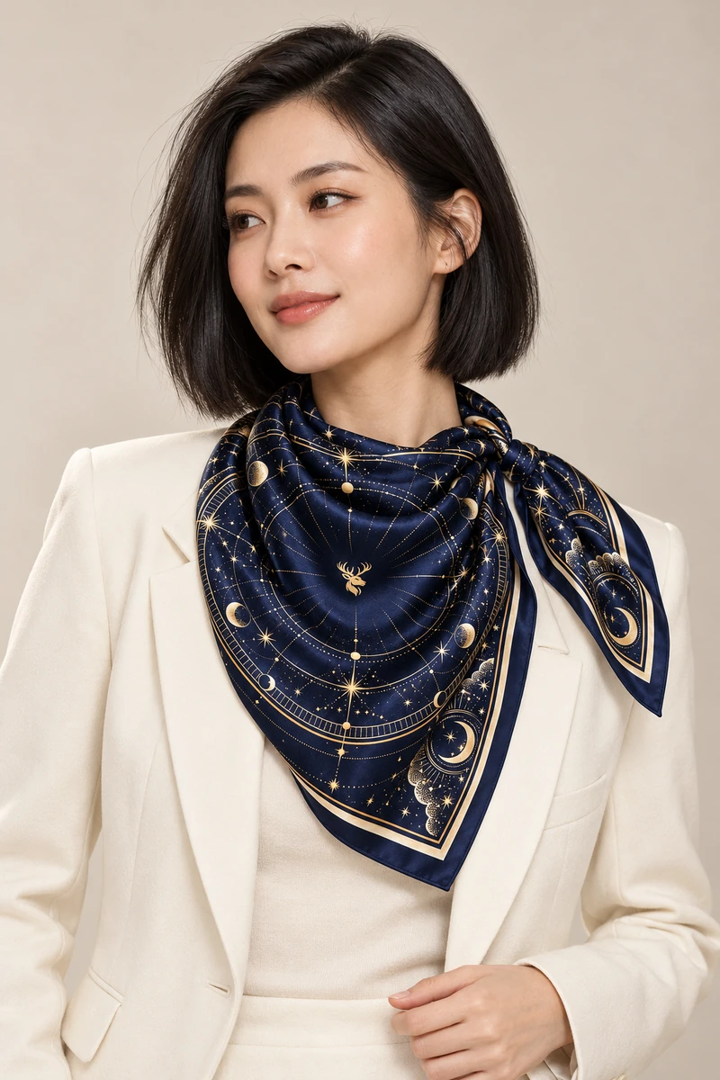 Celestial Atlas Scarf 90 in Midnight Navy, on-model view