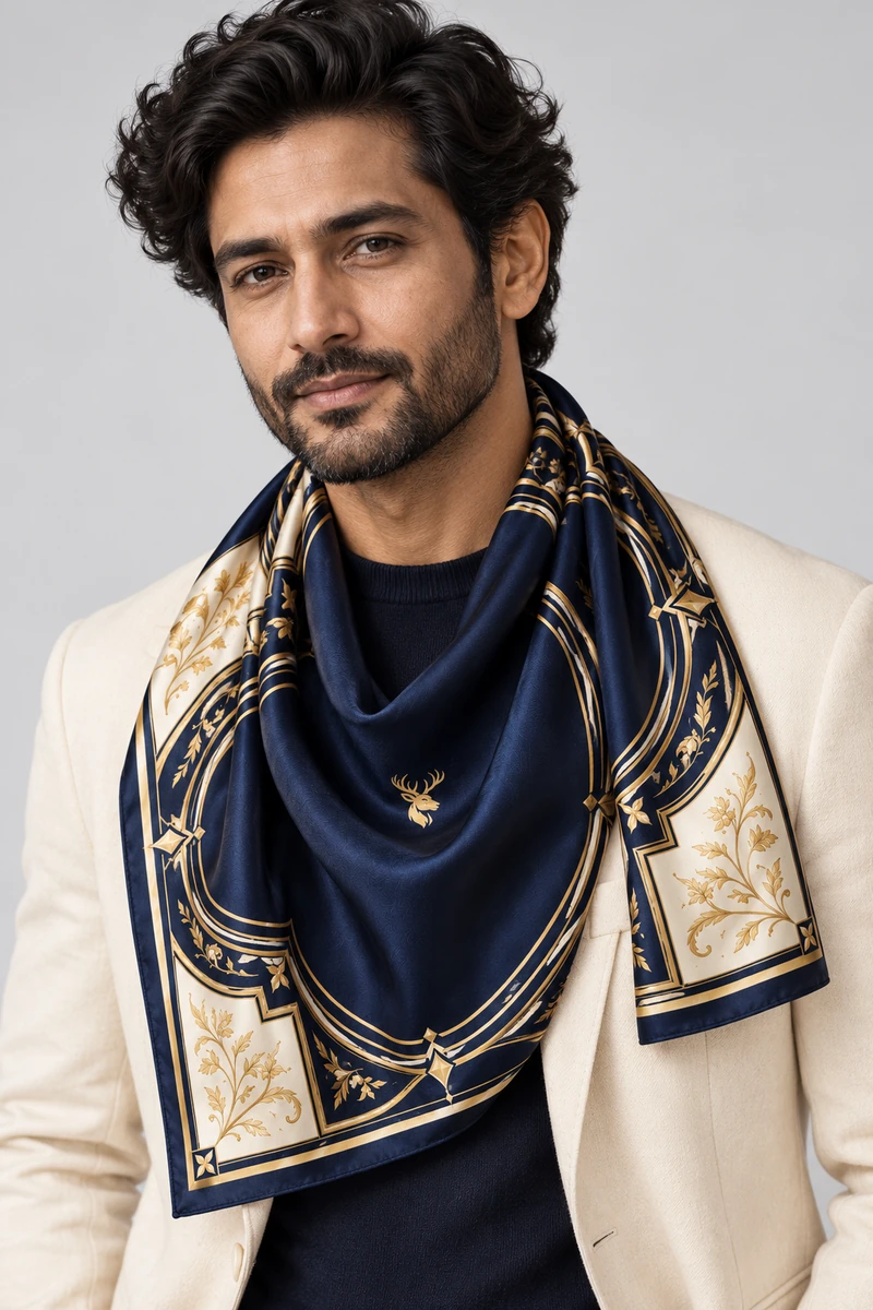 Midnight Arcade Scarf 90 in Midnight Navy, on-model view