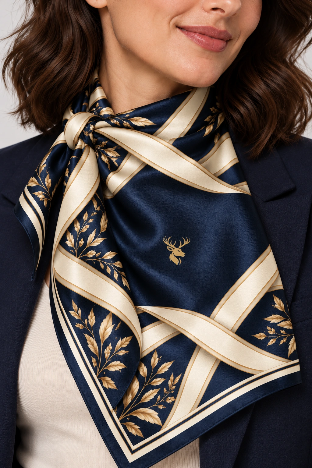 Ribbon Passage Scarf 90, Worn fabric & logo detail