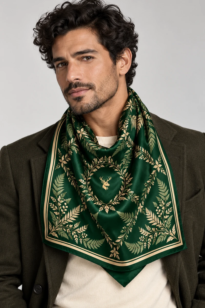 Fern Trellis Scarf 90 in Forest Green, on-model view