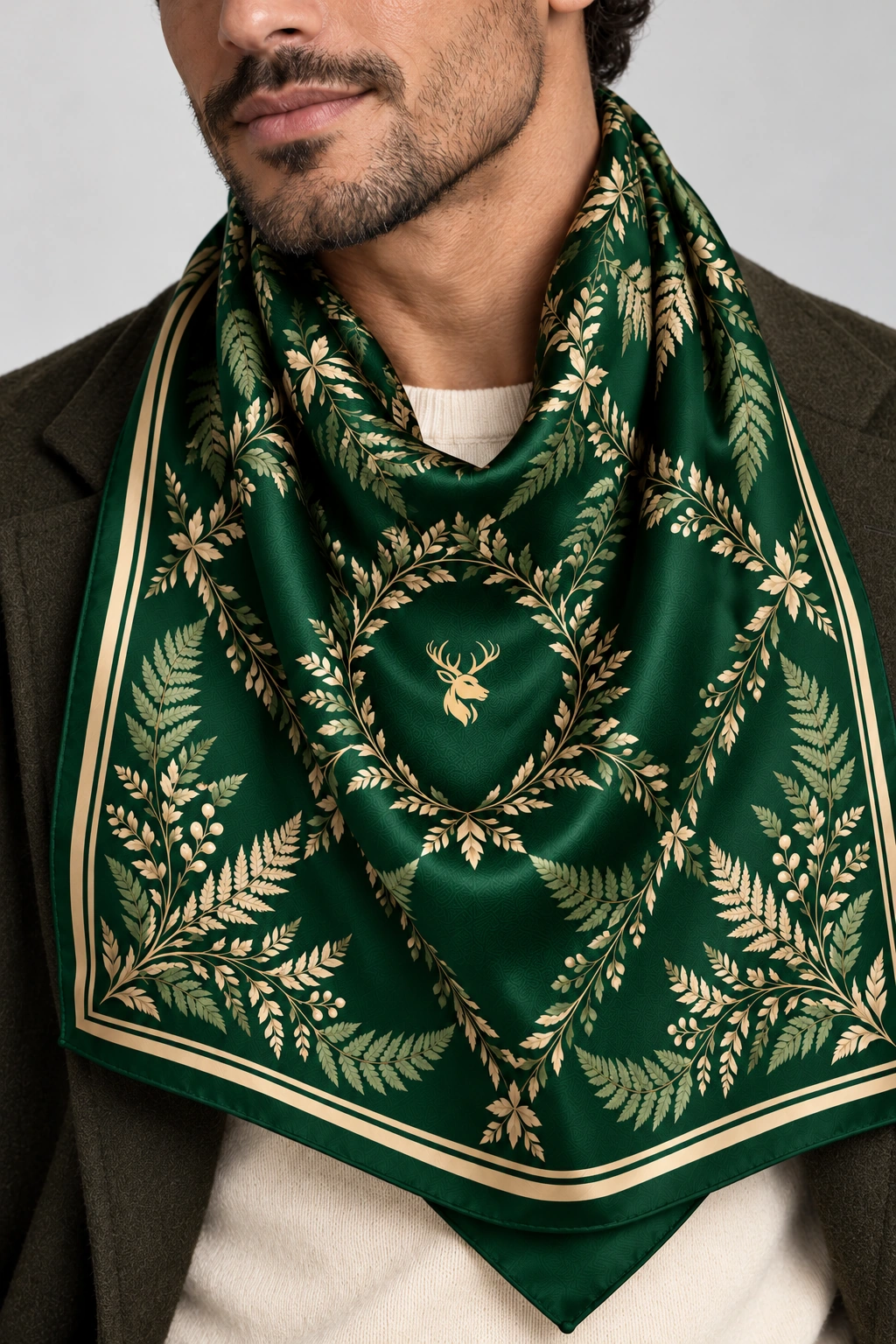 Fern Trellis Scarf 90, Worn fabric & logo detail