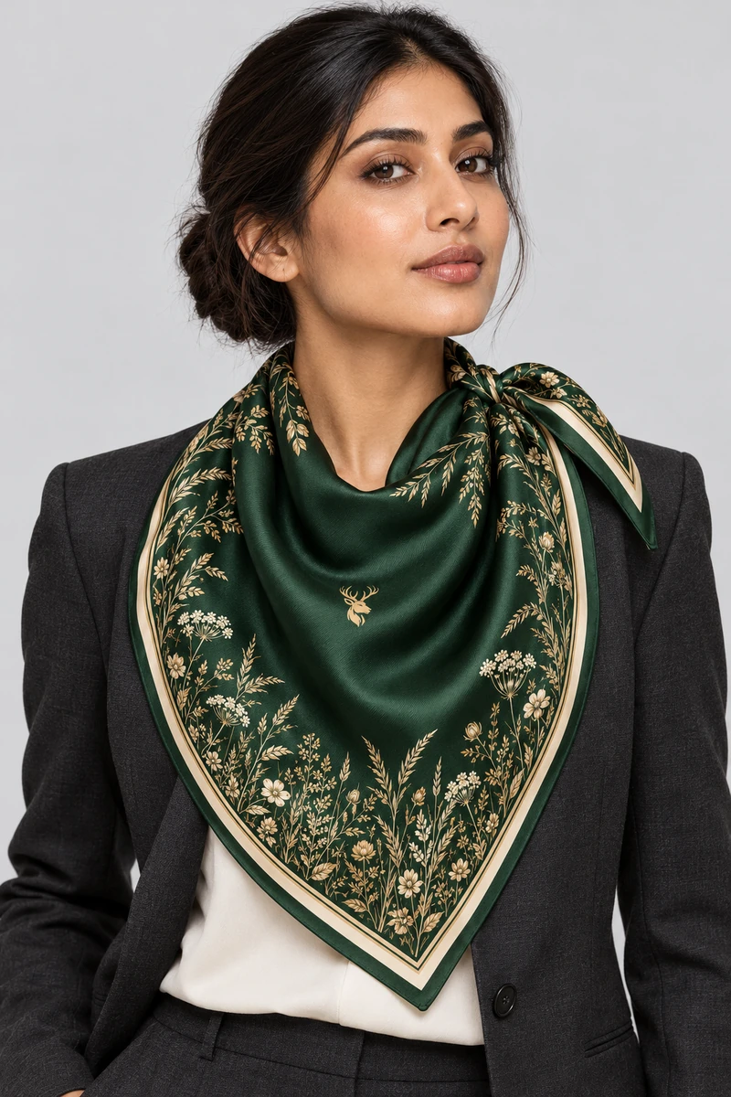 Meadow Etching Scarf 90 in Forest Green, on-model view